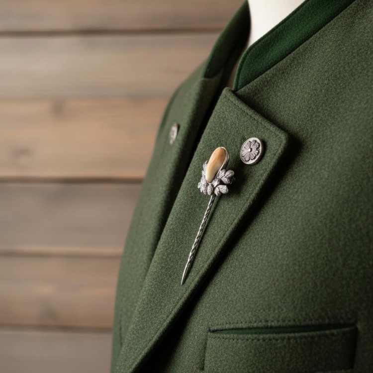 marynarka myśliwska ozdobiona srebrną szpilką