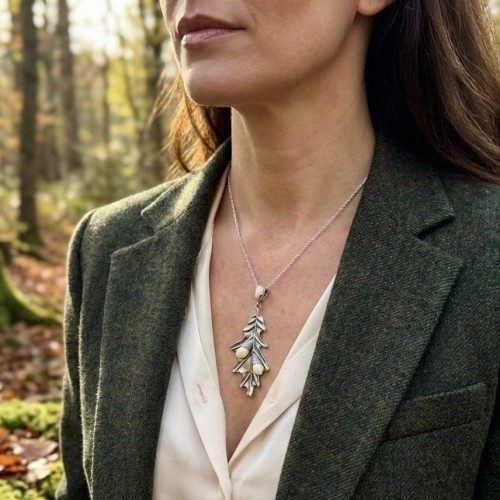 Oak leaf hunting necklace on a woman's neck