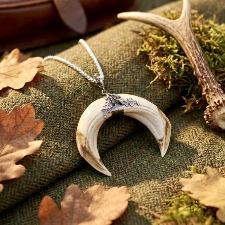 Hunting necklace with wild boar tusks and oak ornament in a forest setting