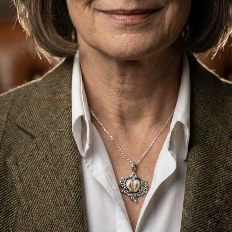 hunting necklace on a woman's neck