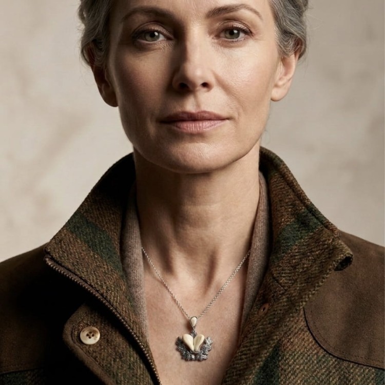 kobieta w Naszyjniku Forest Treasure z grandlami jelenia i łani w srebrnych gałązkach świerka