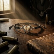 Srebrna bransoletka myśliwska z motywem żołedzi leżąca na stylowym stole | FOREST TROPHY