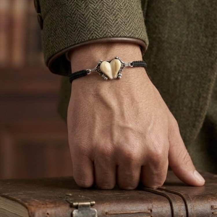 handmade men’s hunting bracelet with stag deer teeth and silver