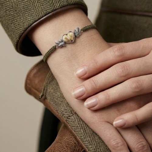 Srebrna bransoletka z grandlami na kobiecym nadgarstku
