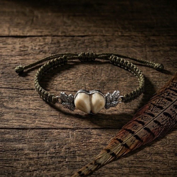 Srebrna bransoletka z grandlami leżąca na drewnianym starym stole