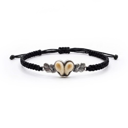 bracelet with deer teeth in 925 sterling silver and black braided cord