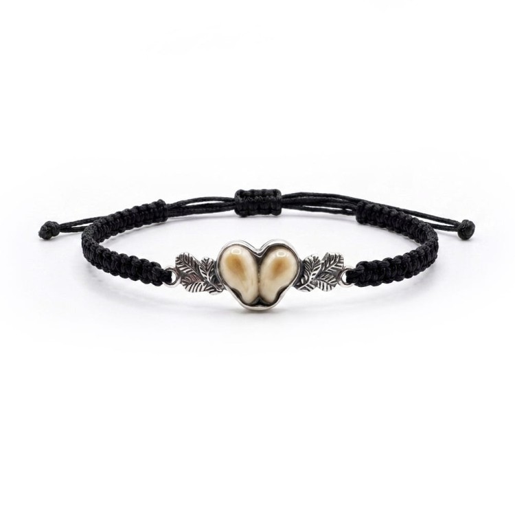 bracelet with deer teeth in 925 sterling silver and black braided cord