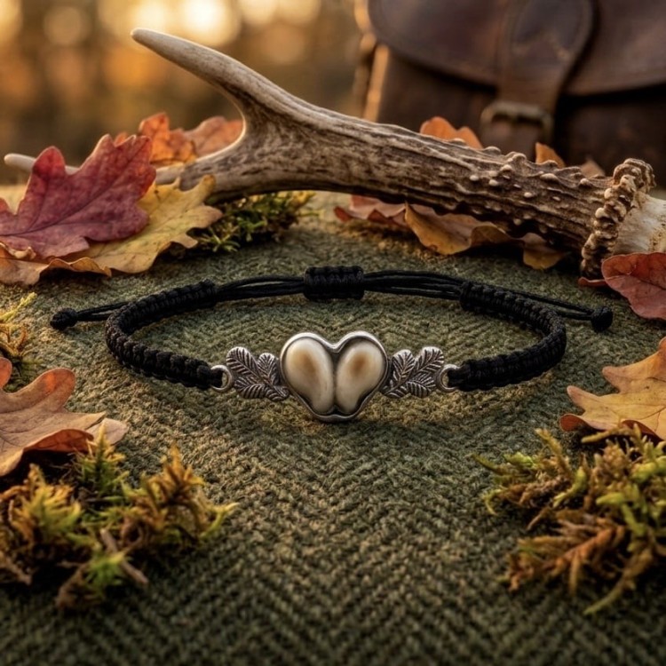 handmade deer teeth bracelet in sterling silver with braided black cord