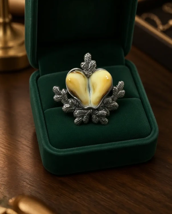Elegancka przypinka myśliwska z grandlami byka oprawionymi w srebro 925
