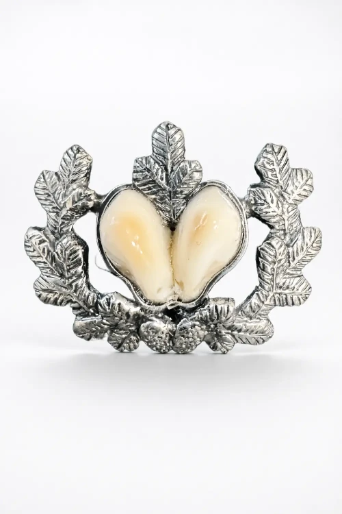 Sterling silver hunting pin with natural hind deer grandles and oak leaf motifi